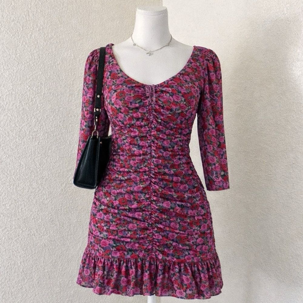 Ganni Floral Mesh Ruched Mini Dress Fiji Flower Pink Red Size EU 42 / M NWT - Picture 3 of 8